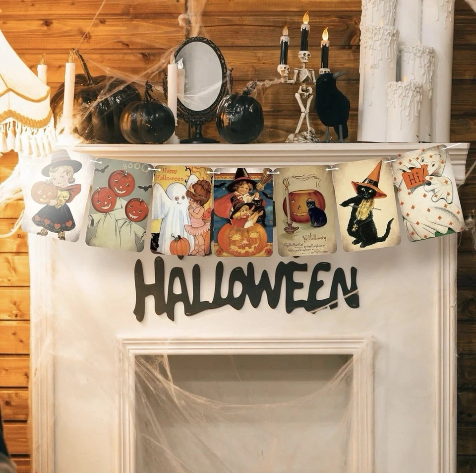 Banner colgante vintage de 4 piezas decoraciones de Halloween retro calabaza gato banderín Foto 2 de 4