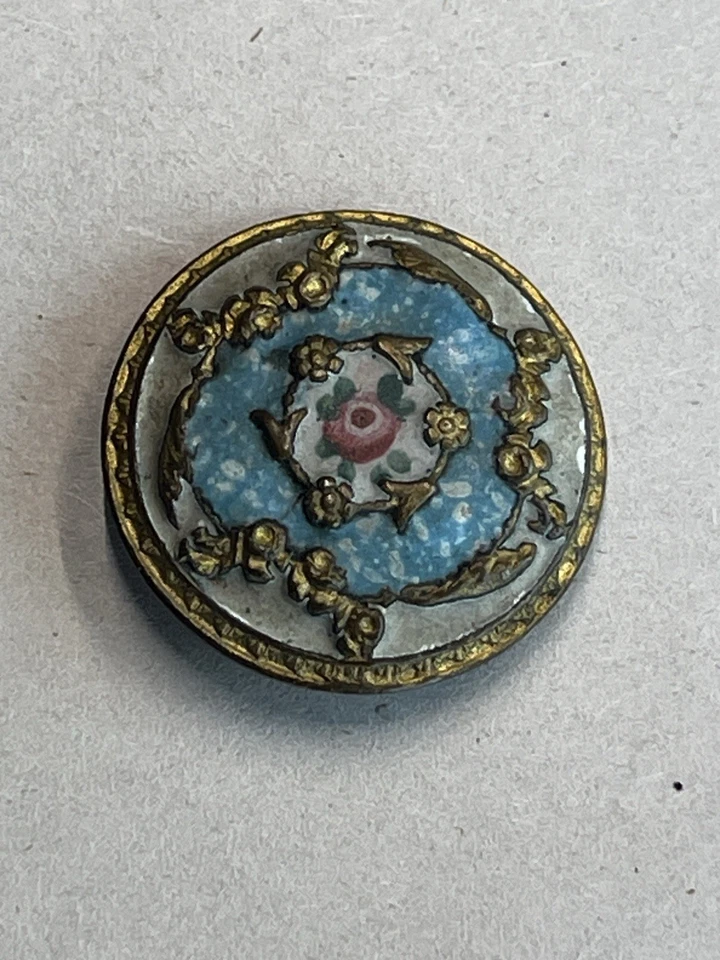 6 Antique Guilloche Victorian Buttons 1 inch Metal Florals Enamel - Image 3 of 4