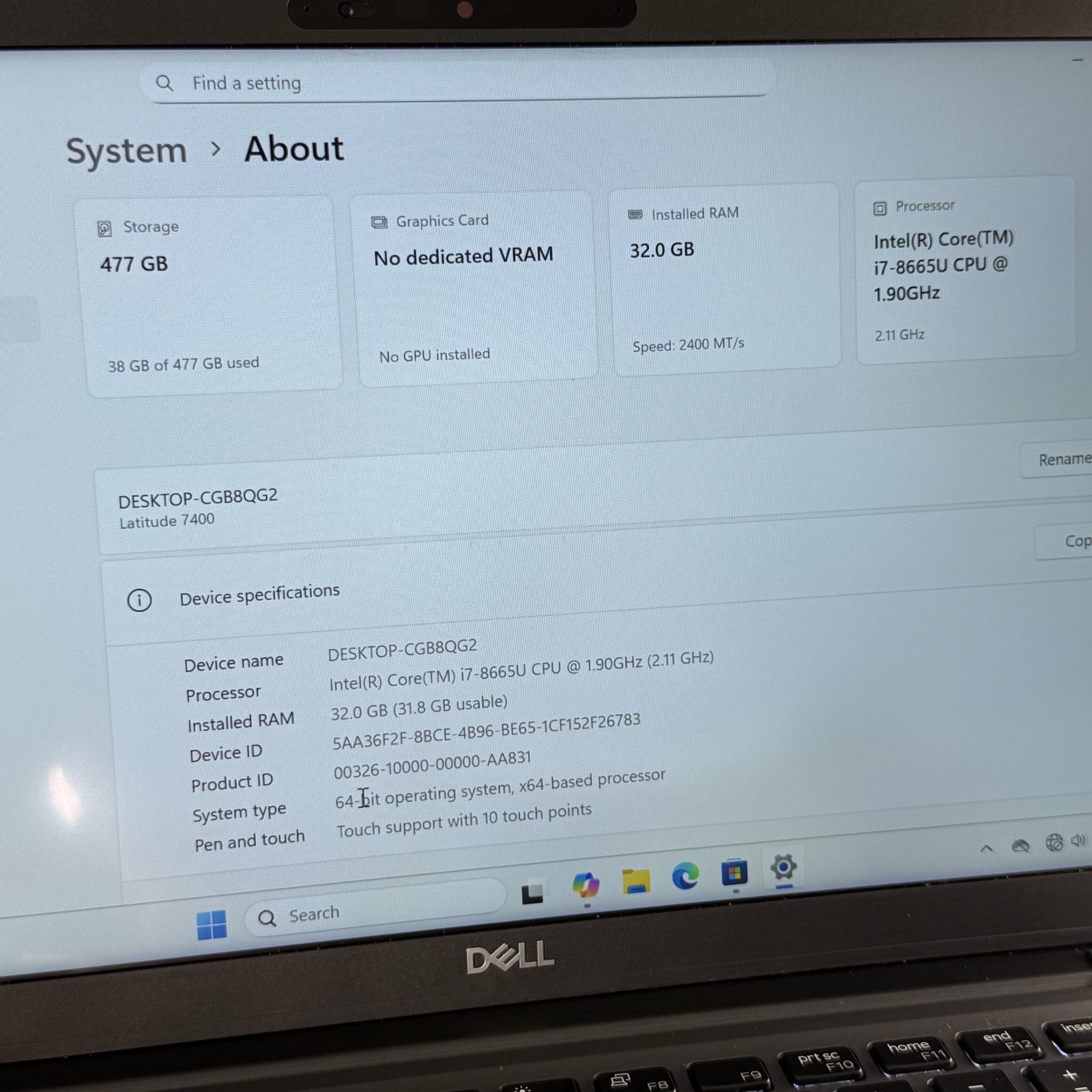 Dell Latitude 7400, 14-Inch Laptop, with Intel Core i7 8th Gen., Windows 11 Pro