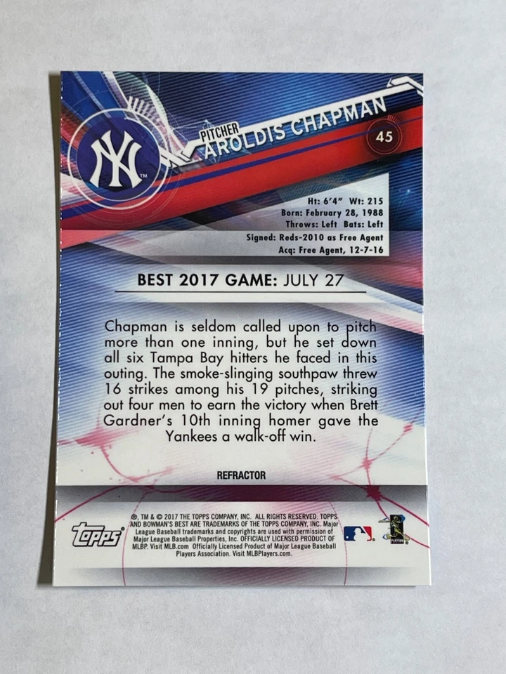 2017 Bowman's Best - Aroldis Chapman #45 Refractor - Image 2 of 2