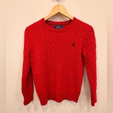 Polo Ralph Lauren Boys Red Cable Knit Sweater M 10 12 Classic Cotton Crewneck