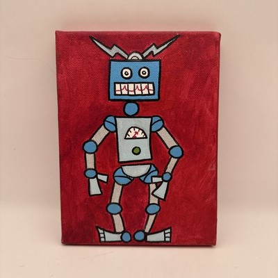 Original Art: Robot  8  X 6  Canvas Red Background Blue/Silver Robot