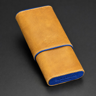 Brizard and Co - ''Show Band'' 3 Cigar Case - Blue Ostrich and Camel Color Leather