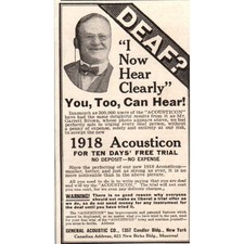 Anuncio de revista Deafness Cure General Acoustic Co New York 1918 AF1-WH1