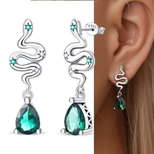 KUNSIR Women 925 Sterling Silver Snake Stud Earrings Green Drop Fashion Jewelry