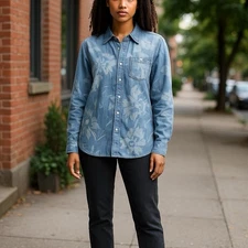 Gap Denim Shirt Women Blue XSmall Floral Distressed Long Sleeve Button Acid Wash