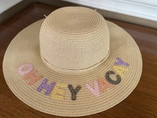 Girls Wide Brim Straw Hat Oh Hey Vacay Embroidered Sun Hat Summer Beach Hat EUC