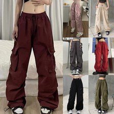 Ladies Casual Loose Pocket Cargo Cuffed Pants Trousers Drawstrings Elastic Waist