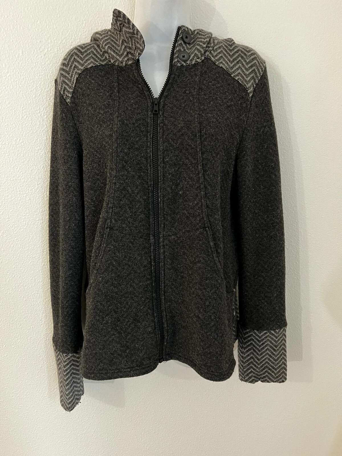 Prana Women's Sz L Gray Wool Blend Full Zip Hoodie Sweater Jacket Zig Zag Detail