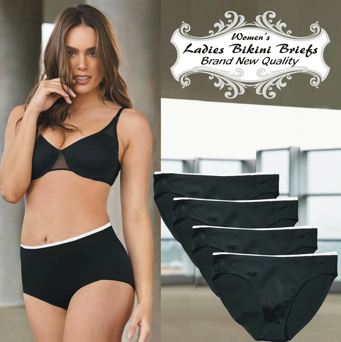 6 Pack Ladies Underwear Bikini Briefs, Black Polyester Rich Pants