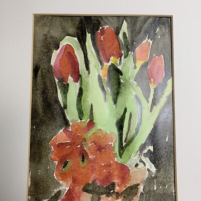 Watercolor Print Reproduction Painting Red Tulips  Artist  Mate  12x16 Matted