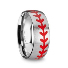 Dimaggio Titanium Brushed Finish Ring Red Baseball Stitching Pattern