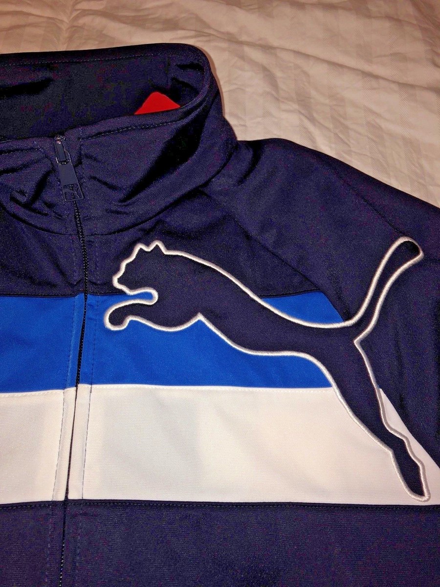PUMA Men's Big Cat Dark Blue Warm Up Track Jacket White Blue Color