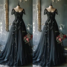 Vintage Gothic Black Wedding Dresses Short Sleeves A Line Tulle Bridal Gowns