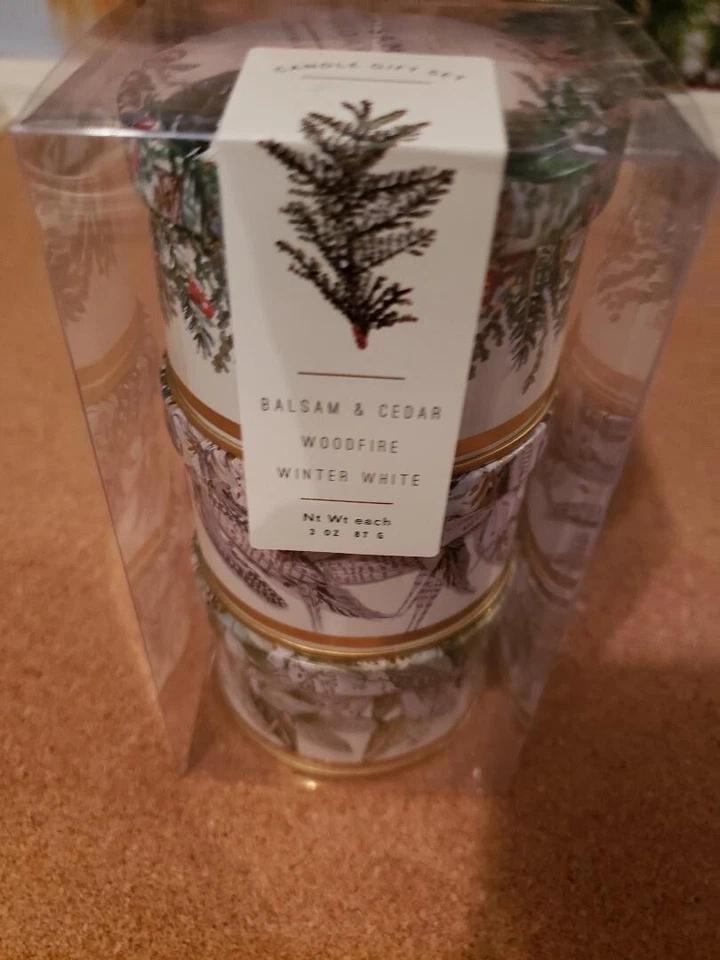 conjunto de presente vela de 3- NOVO na caixa- bálsamo e cedro madeira fogo inverno branco 3 oz cada - Imagem 2 de 3