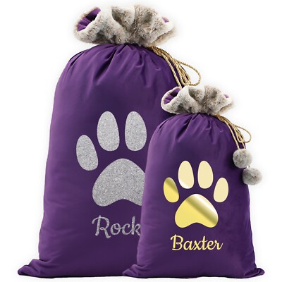 Personalisierter Samtsack in Lila mit Tierpfoten-Design Weihnachtsgeschenk für Haustier
