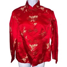 Womens Red Tang Suit Jacket Est Sz M Excellent Silky Dragon Phoenix Frog Button