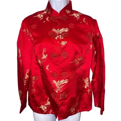 Womens Red Tang Suit Jacket Est Sz M Excellent Silky Dragon Phoenix Frog Button