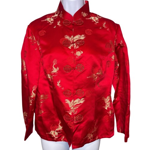 Womens Red Tang Suit Jacket Est Sz M Excellent Silky Dragon Phoenix Frog Button