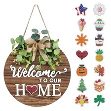 Interchangeable Seasonal Front Door Wreath  Rustic Wooden Welcome Sign home Decor