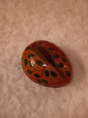 Vtg Kashmiri Papier Mache Lacquer Egg Trinket Box Hand Painted Bird Folk Art 3 