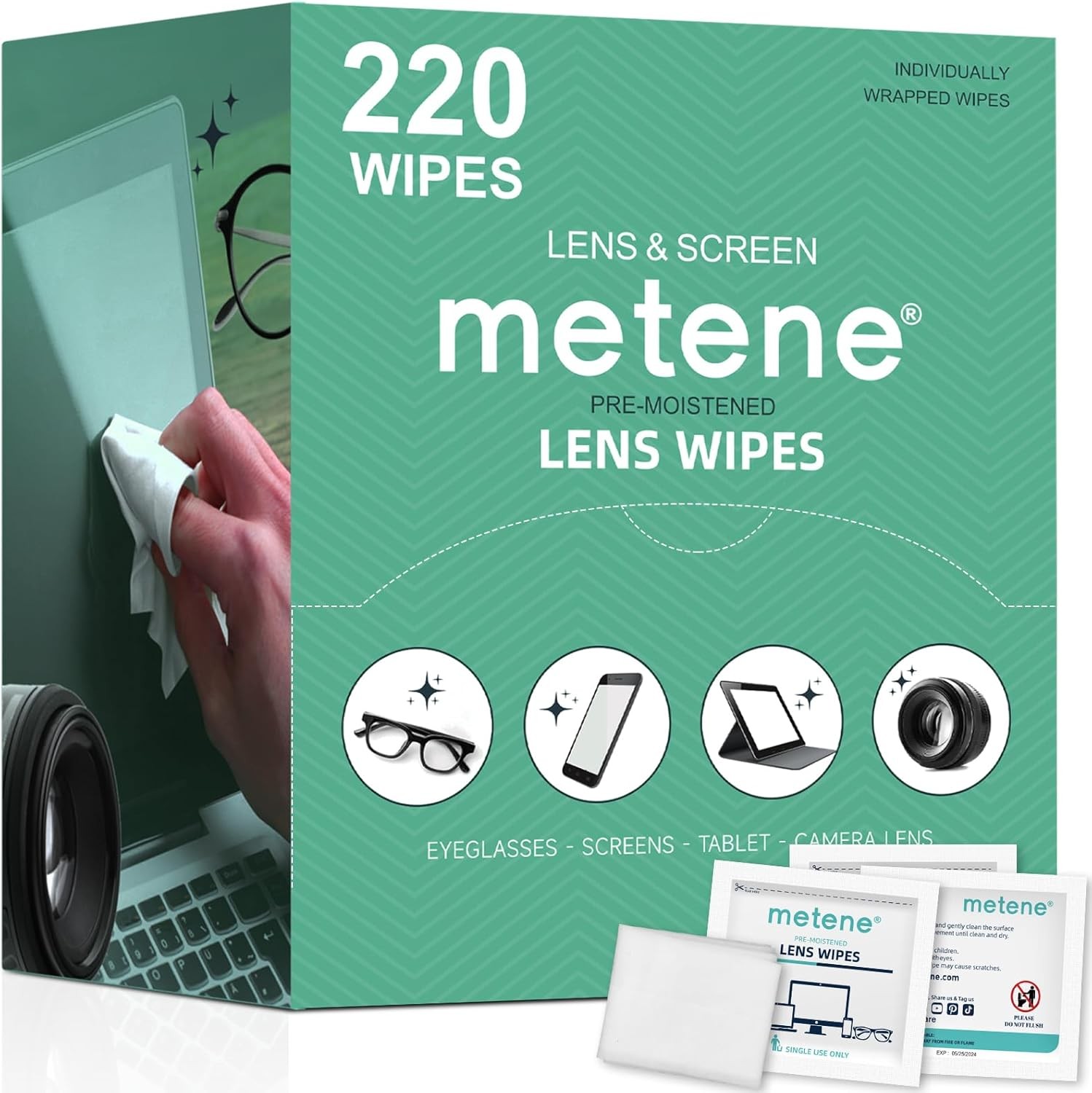 Metene 220 Pack Lens Cleaning Wipes, Pre-Moistened and 1 count (Pack of 220)