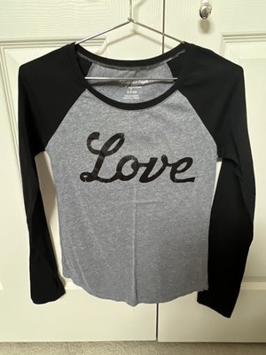 American Eagle Size Small, Gray & Black Cursive LOVE Long Sleeve Women's T-Shirt