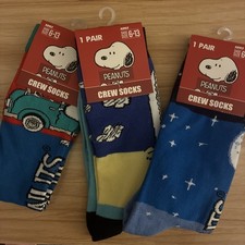 Three Pair Assorted Peanuts Snoopy Crew Socks Size 6-13