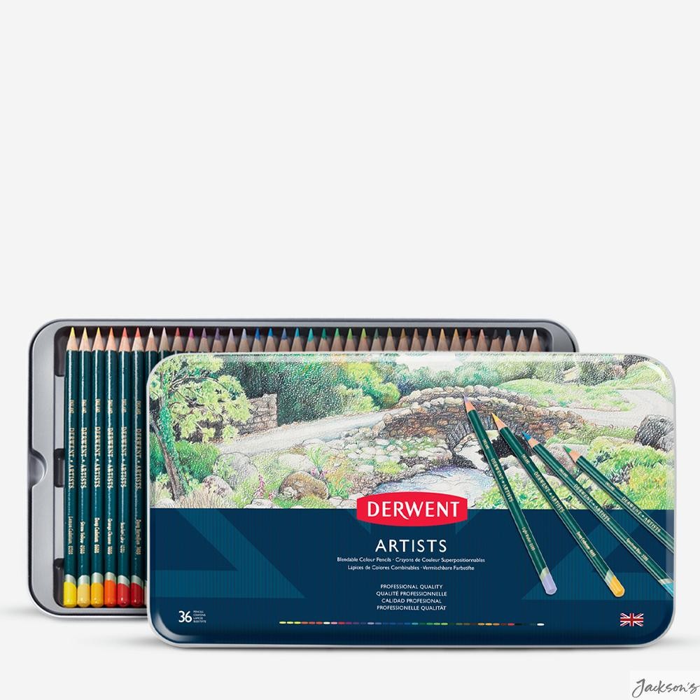 Derwent Artists Coloured Pencils Metal Tin 36 Set For Drawing Layering Blending