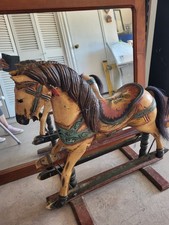 Vintage Antique Hand Carved Wooden Toy Rocking Horse 27  Cast Iron Wheels