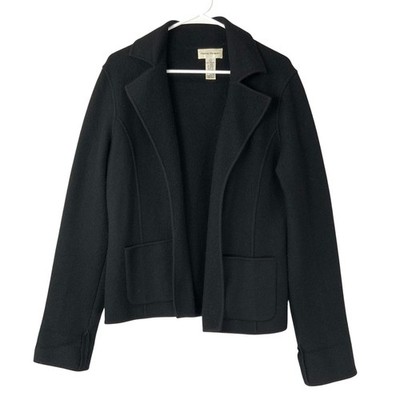 Rena Rowan Black Merino Wool Knit Blazer M Open Front Notched Lapel Long Sleeve