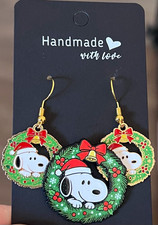 Handmade Snoopy Christmas Wreath Dangle Earrings and Pin Set