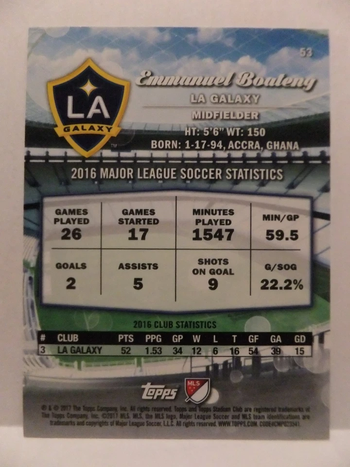 Emmanuel Boateng 2017 Stadium Club Ice Parallel Rookie SP LA Galaxy - Image 2 of 2