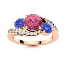 Round Pink Topaz  Tanzanite 925 Sterling Silver Rose Plated Three Stone Ring