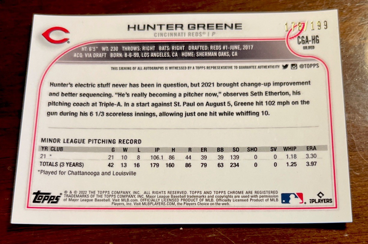 Hunter Greene 2022 Topps Chrome Gilded Rookie Cast in GOLD Auto #178/199 REDS view 2