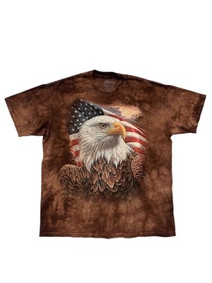 The Mountain Eagle & Flag Tie-Dye T-Shirt Cotton Brown Red White Blue #8310