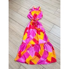 OTT Fuchsia Pink Halter Maxi Dress Cutout Tiered Boho Tropical Summer S