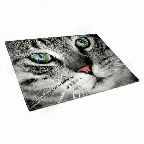 Green Eyed Cat Chopping Board Glass Textured Cutting Worktop Saver Kitchen - Picture 3 of 6