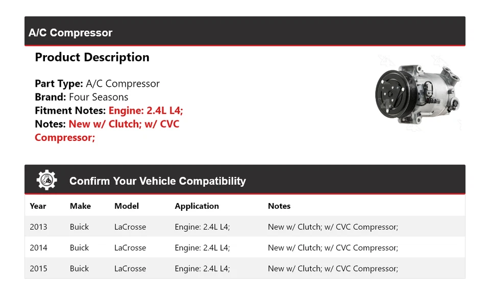 Compresor de aire acondicionado para Buick LaCrosse 2013-2015 2,4 L L4 4 estaciones 2014 Foto 2 de 4
