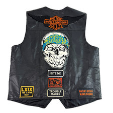 Vtg Genuine Navarre Leather Vest Biker Patches Harley Skull Santana Latin XXXL