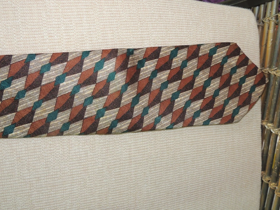 Corbata/Corbata Ungaro Paris Italia Cuello Seda Marrón Verde Beige Geométrica 58"x3.75" Foto 3 de 4