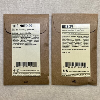 Le Labo The Noir 29 + Iris 39 Eau de Parfum EDP Sample Vial Set .025oz, .75ml Ea
