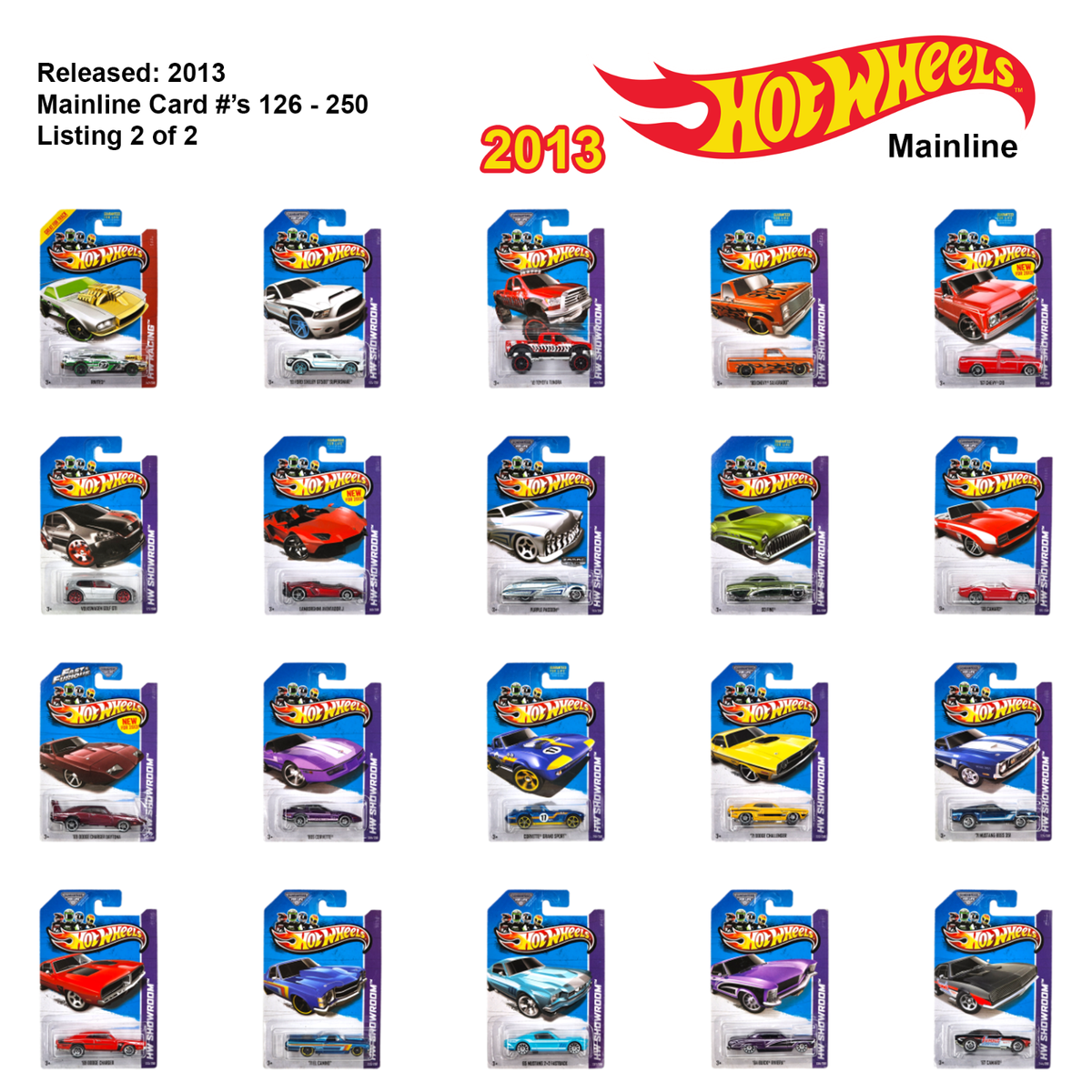 HOT WHEELS 2013 Mainline 1/64 Scale Diecast Long Card 126 - 250