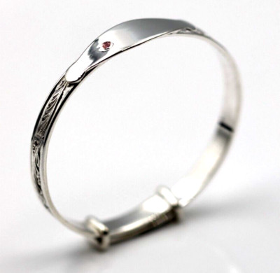 Sterling Silver Child's Engraved Expanding Bangle + ID Plate Pink CZ -Free post