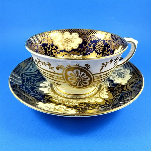 Rich Gold & Cobalt with Floral Center Crown Staffordshire Teacup and Saucer Set - Picture 3 of 6