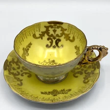 Vintage Royal Sealy Yellow Luster Heavy Gold Swirl Tea Cup Saucer Set 1950’s