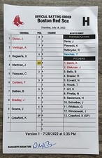 Alex Cora Signed Game Used Batting Order Card 6/28/22 Red Sox vs Guardians RAD