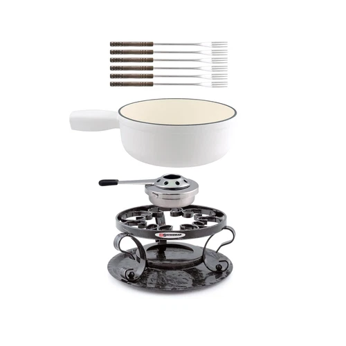 Swissmar Lugano 9 Piece Cast Iron Fondue Set - Matte White 2 Quarts