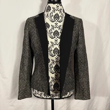 Kasper Separates Petite Black Tweed Collarless Open Front Jacket Blazer 6P