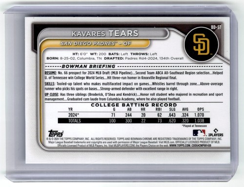 2024 Bowman Draft - Kavares Tears 1st Sky Blue /499 - Picture 4 of 6